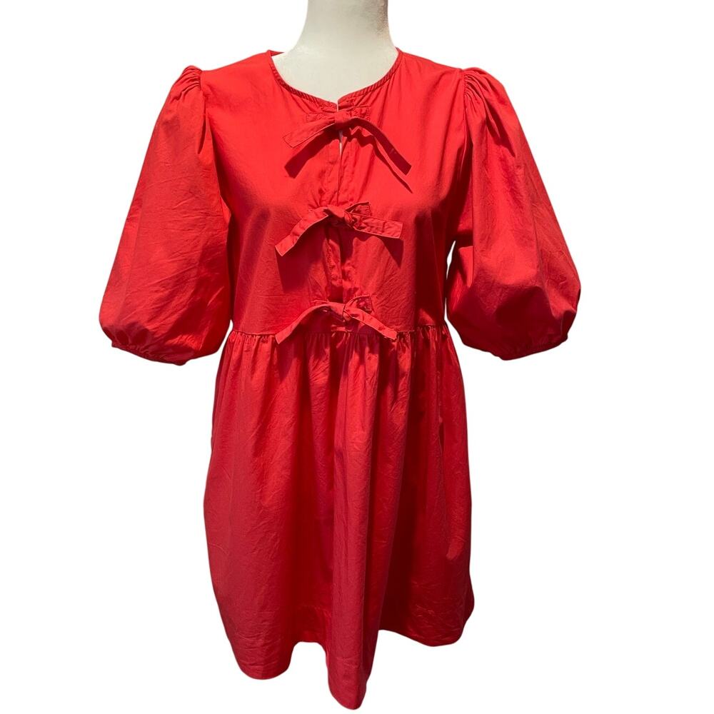 Band of the Free Babydoll Mini Dress Sz L Cotton Puff Sleeves Front Ties Red - Picture 1 of 10